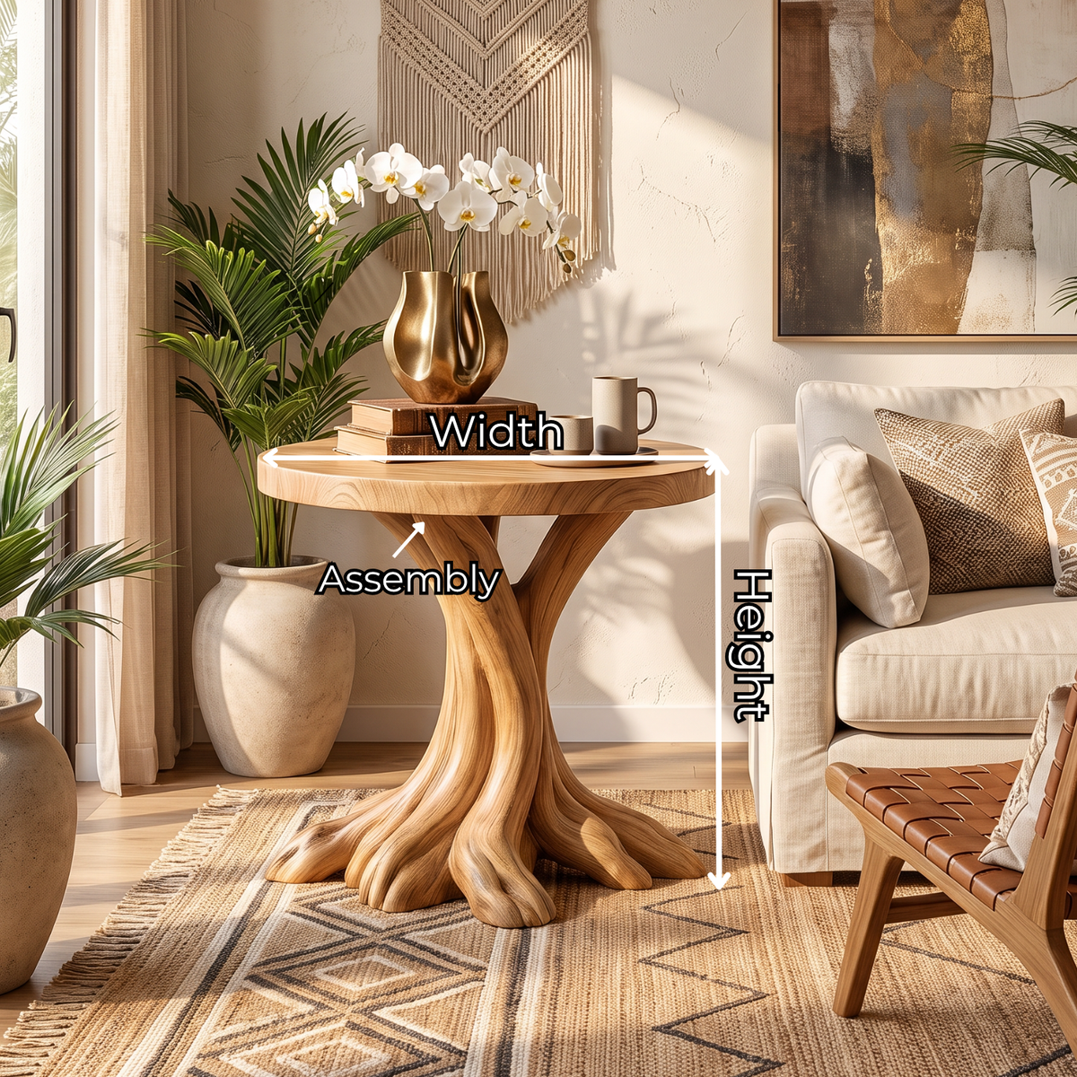 End Table Solid Wood with Branching Tree Root Pedestal for Living Room Decor