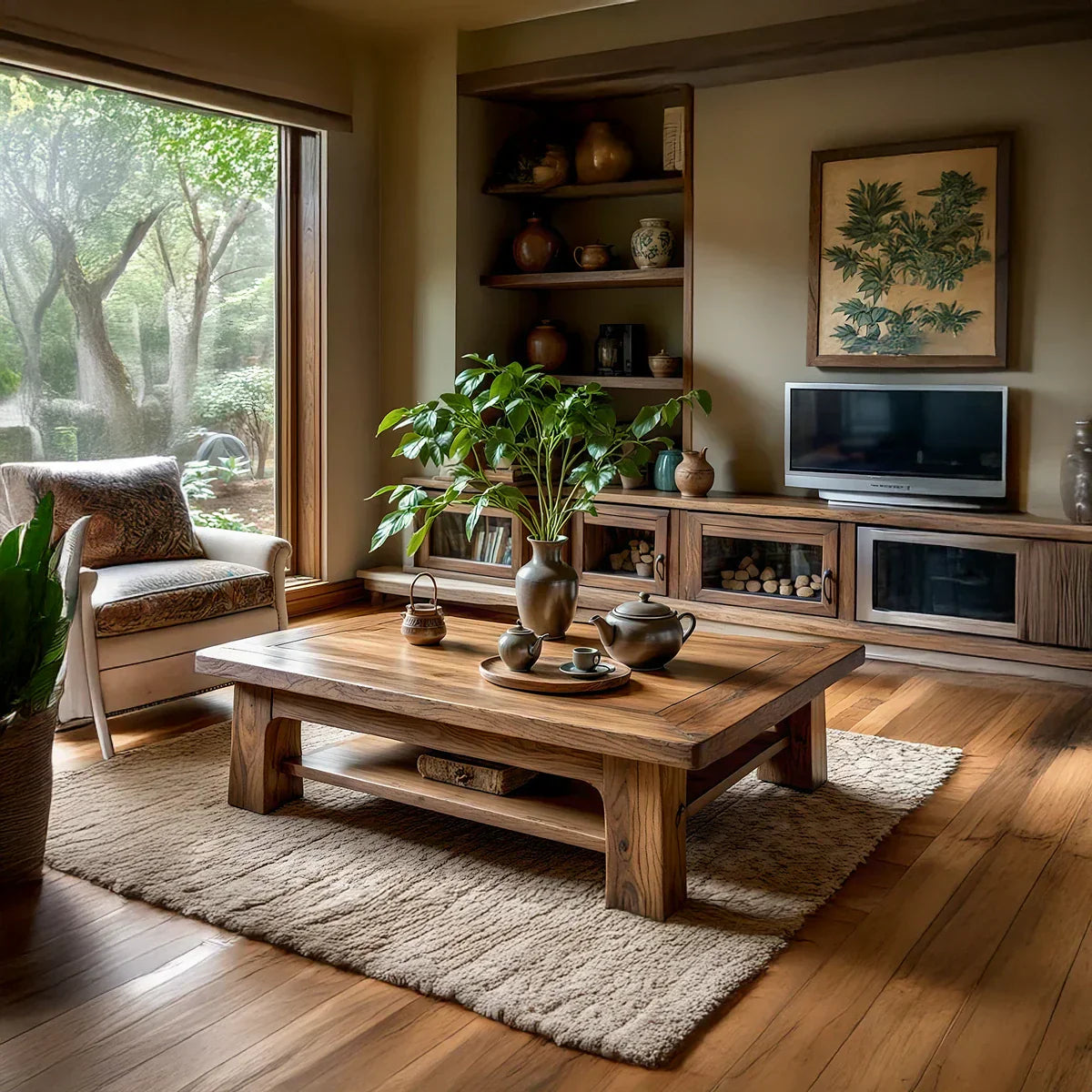 Rectangular Solid-Wood Coffee Table with Storage Shelf