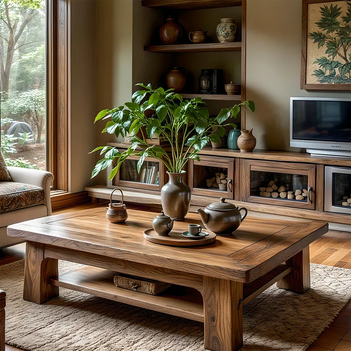 Rectangular Solid-Wood Coffee Table with Storage Shelf