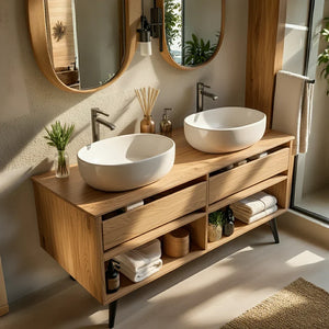 Solid-Wood Double Bathroom Vanity and Open Storage