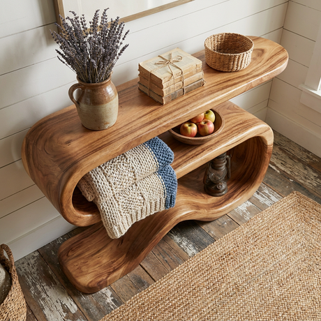 Console Table Solid Wood with Wave Base and Open Shelf for Living Room