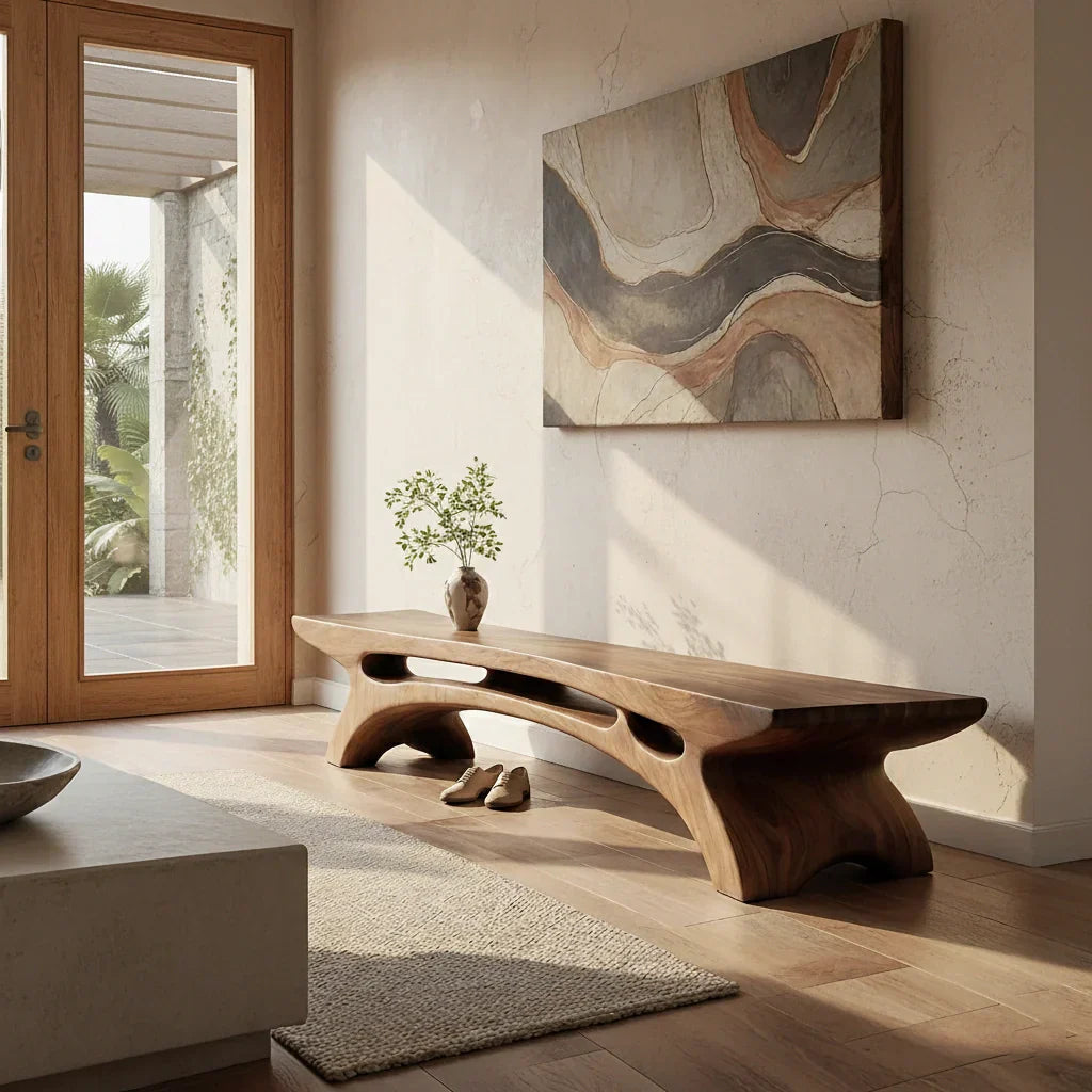 Long Solid Wood Entryway Bench with Carved Arch Base for Modern Homes