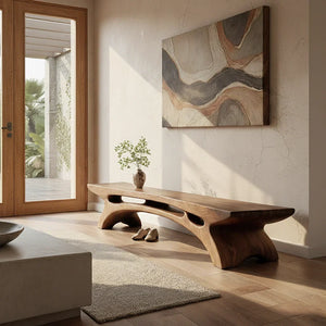Long Solid Wood Entryway Bench with Carved Arch Base for Modern Homes