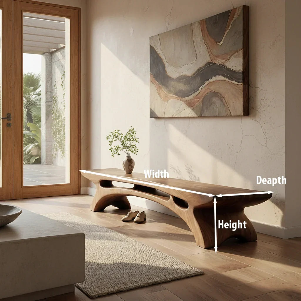 Long Solid Wood Entryway Bench with Carved Arch Base for Modern Homes