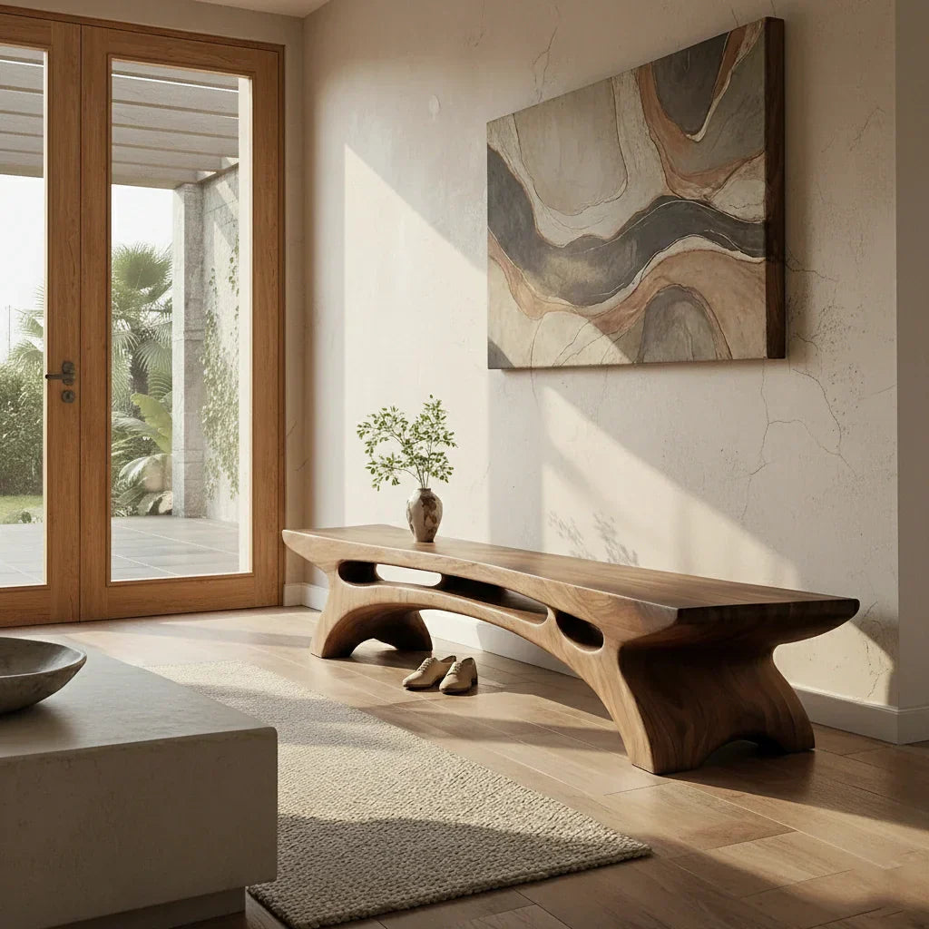 Long Solid Wood Entryway Bench with Carved Arch Base for Modern Homes