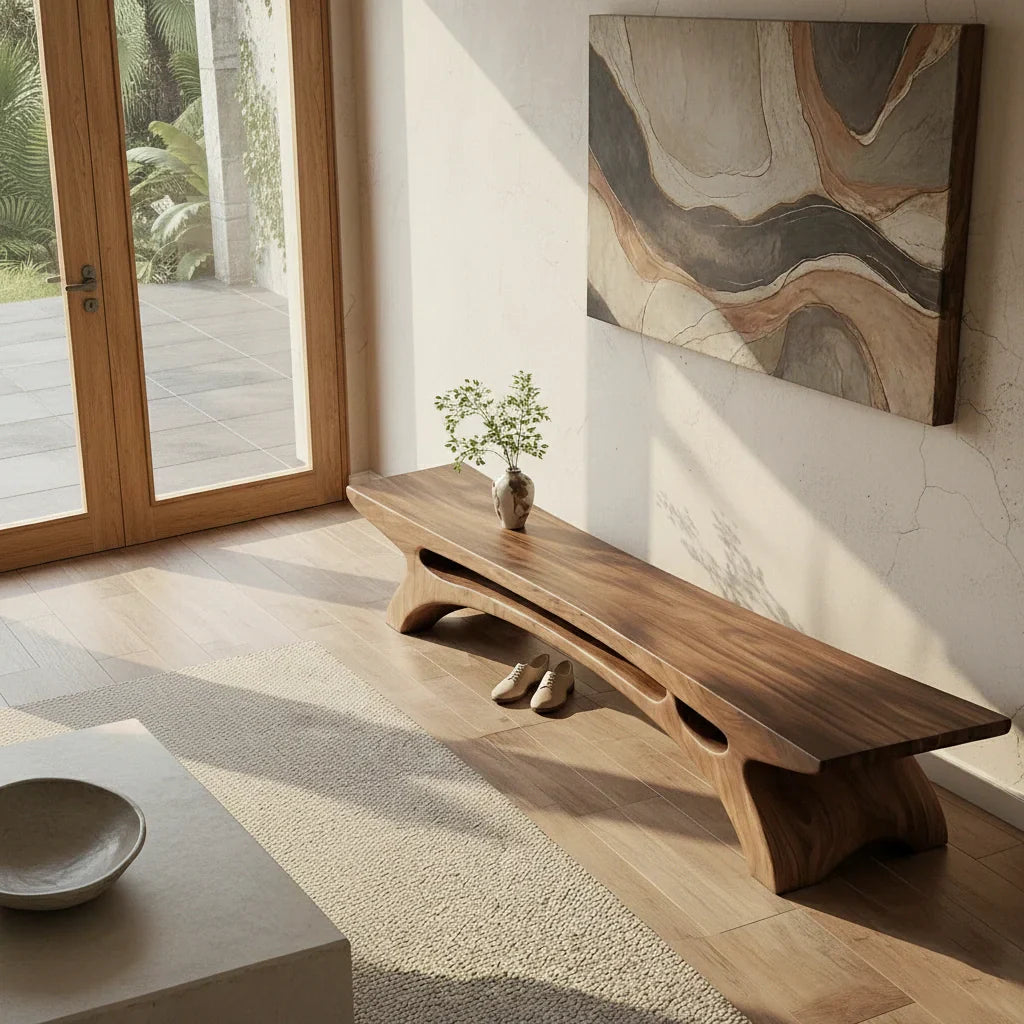 Long Solid Wood Entryway Bench with Carved Arch Base for Modern Homes