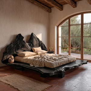 Handcrafted Solid Wood Platform Bed with Live Edge Headboard for Bedroom
