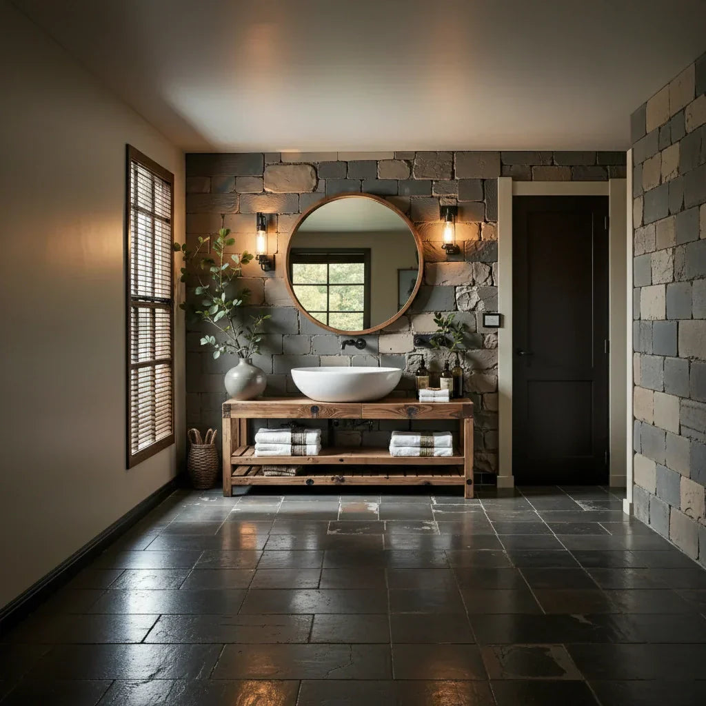 Rustic Solid Wood Bathroom Vanity with Open Slatted Shelf