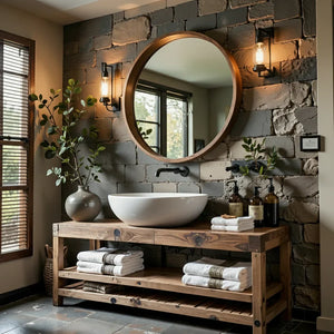 Rustic Solid Wood Bathroom Vanity with Open Slatted Shelf