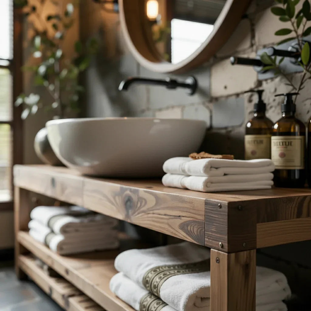 Rustic Solid Wood Bathroom Vanity with Open Slatted Shelf