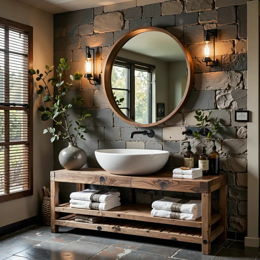 Rustic Solid Wood Bathroom Vanity with Open Slatted Shelf