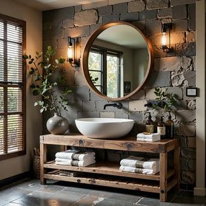 Rustic Solid Wood Bathroom Vanity with Open Slatted Shelf