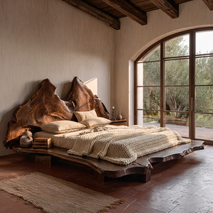 Handcrafted Solid Wood Platform Bed with Live Edge Headboard for Bedroom
