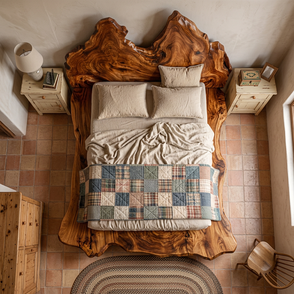 Handcrafted Solid Wood Platform Bed with Live Edge Headboard for Bedroom
