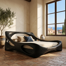 Handcrafted Solid Wood Bed with Live Edge Platform and Sculptural Headboard