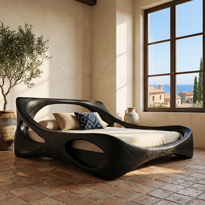 Handcrafted Solid Wood Bed with Live Edge Platform and Sculptural Headboard