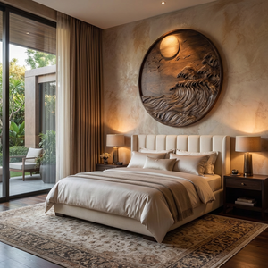 Handcrafted Solid Wood Wall Sculpture with Ocean Wave Relief and Circular Moon Design