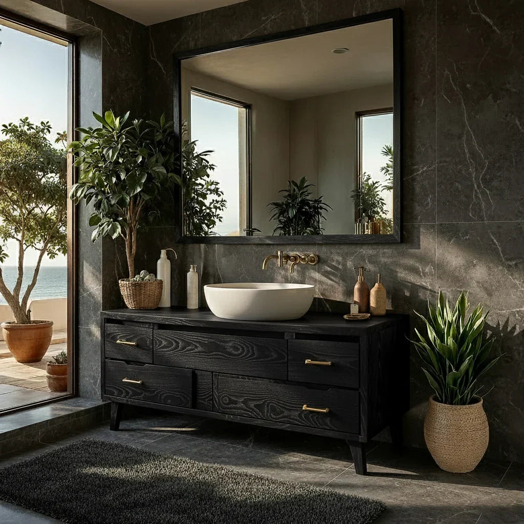 Mid-Century Solid Wood Bathroom Vanity with Asymmetric Drawers