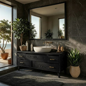 Mid-Century Solid Wood Bathroom Vanity with Asymmetric Drawers