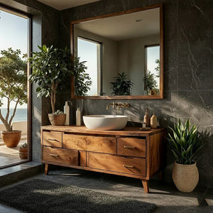 Mid-Century Solid Wood Bathroom Vanity with Asymmetric Drawers