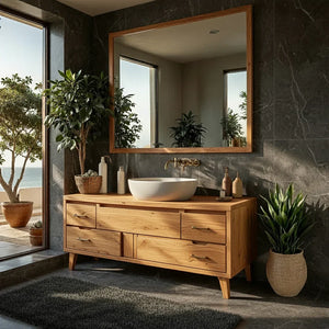 Mid-Century Solid Wood Bathroom Vanity with Asymmetric Drawers