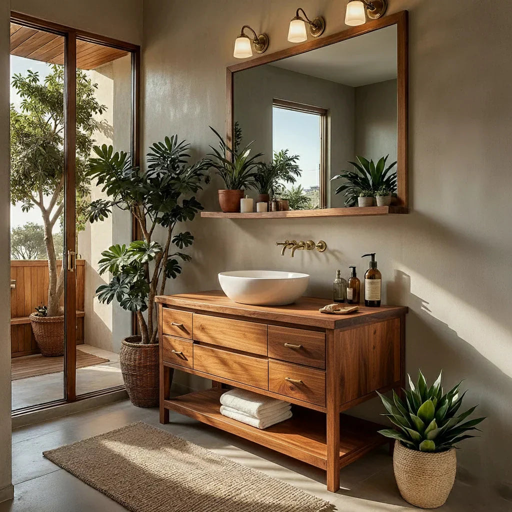Solid Wood Bathroom Vanity with Drawers and Open Shelf for Japandi Bath