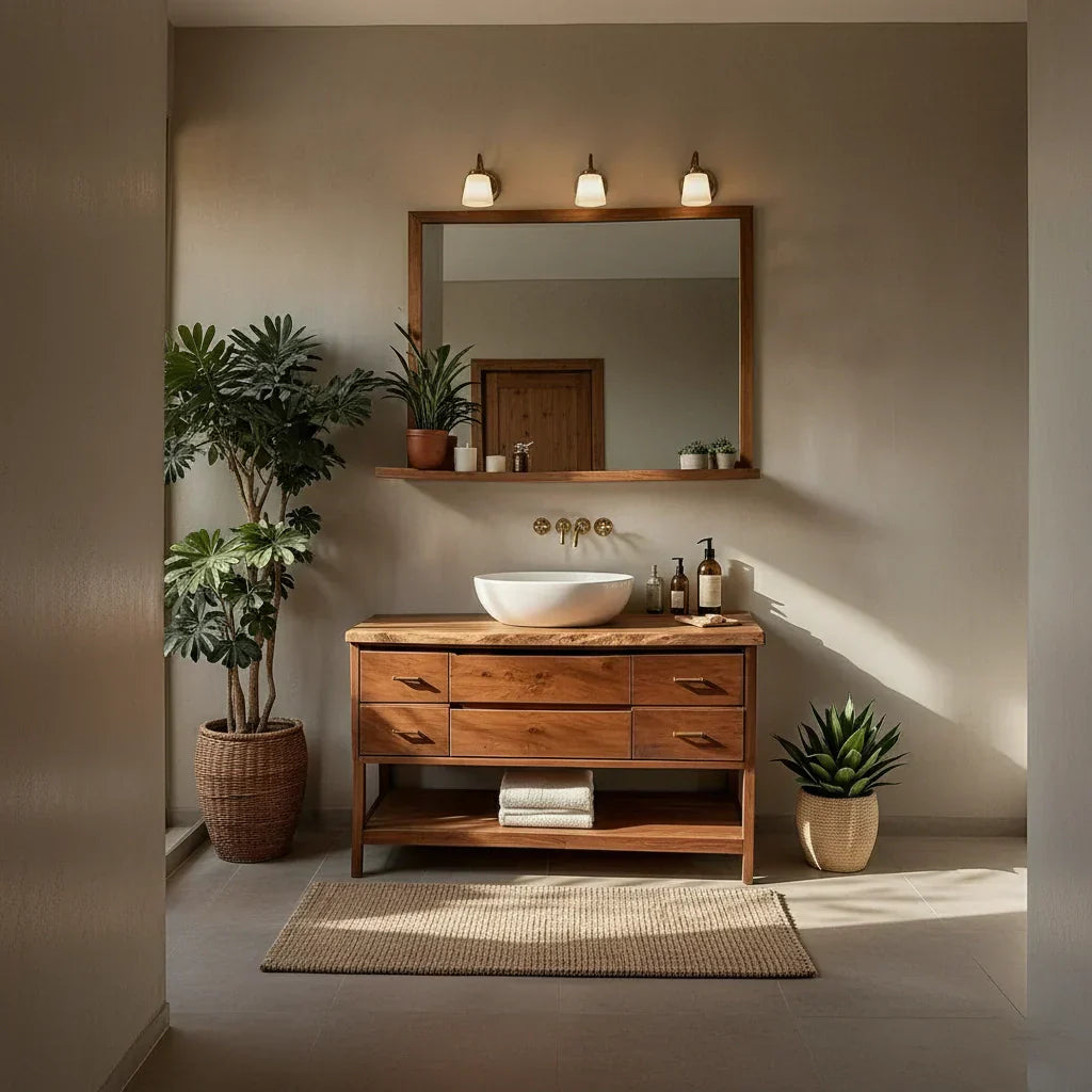 Solid Wood Bathroom Vanity with Drawers and Open Shelf for Japandi Bath