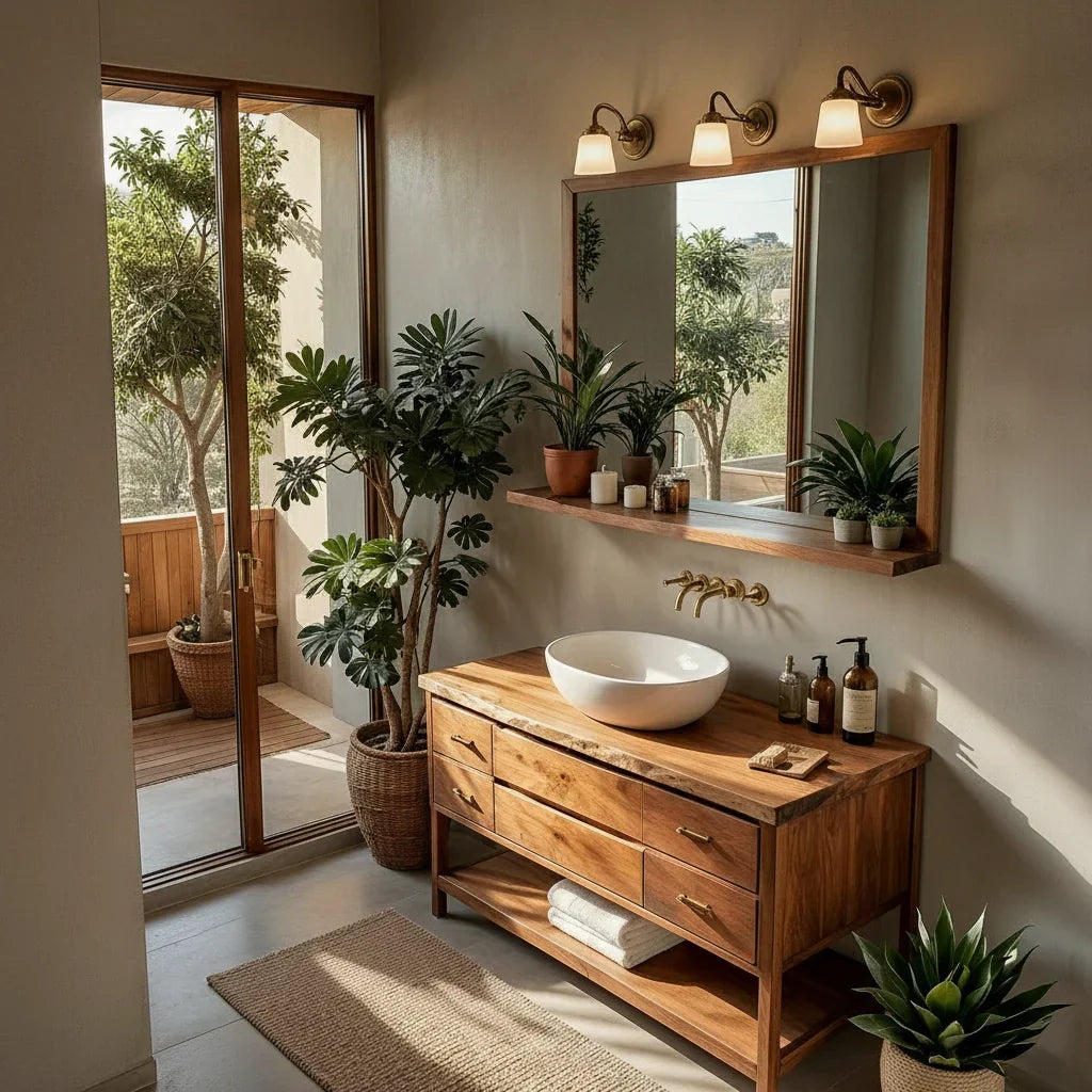 Solid Wood Bathroom Vanity with Drawers and Open Shelf for Japandi Bath