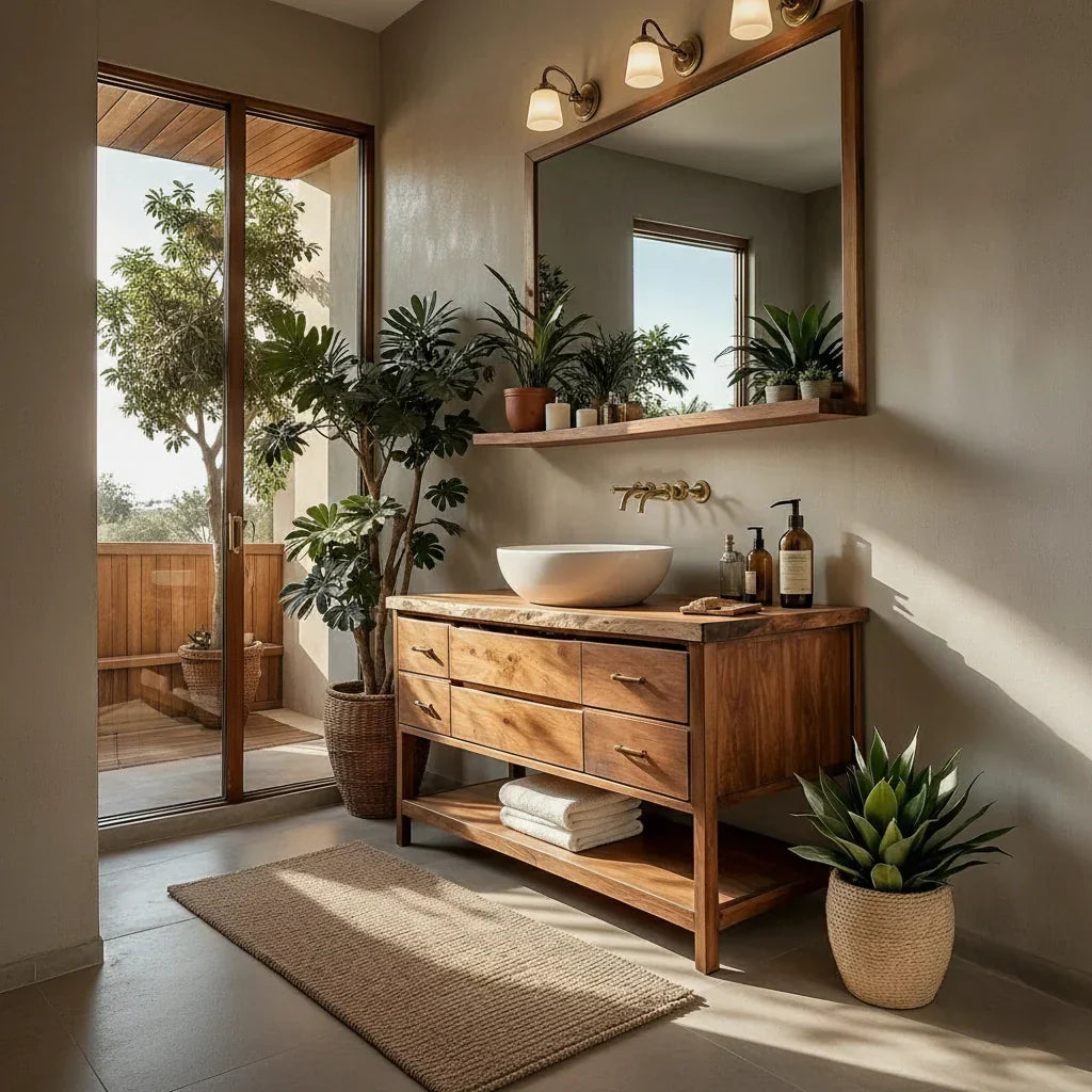 Solid Wood Bathroom Vanity with Drawers and Open Shelf for Japandi Bath
