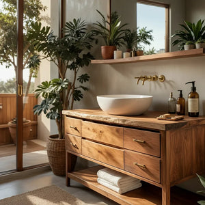 Solid Wood Bathroom Vanity with Drawers and Open Shelf for Japandi Bath