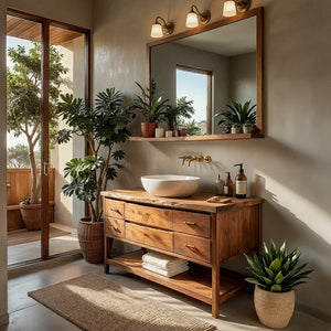 Solid Wood Bathroom Vanity with Drawers and Open Shelf for Japandi Bath
