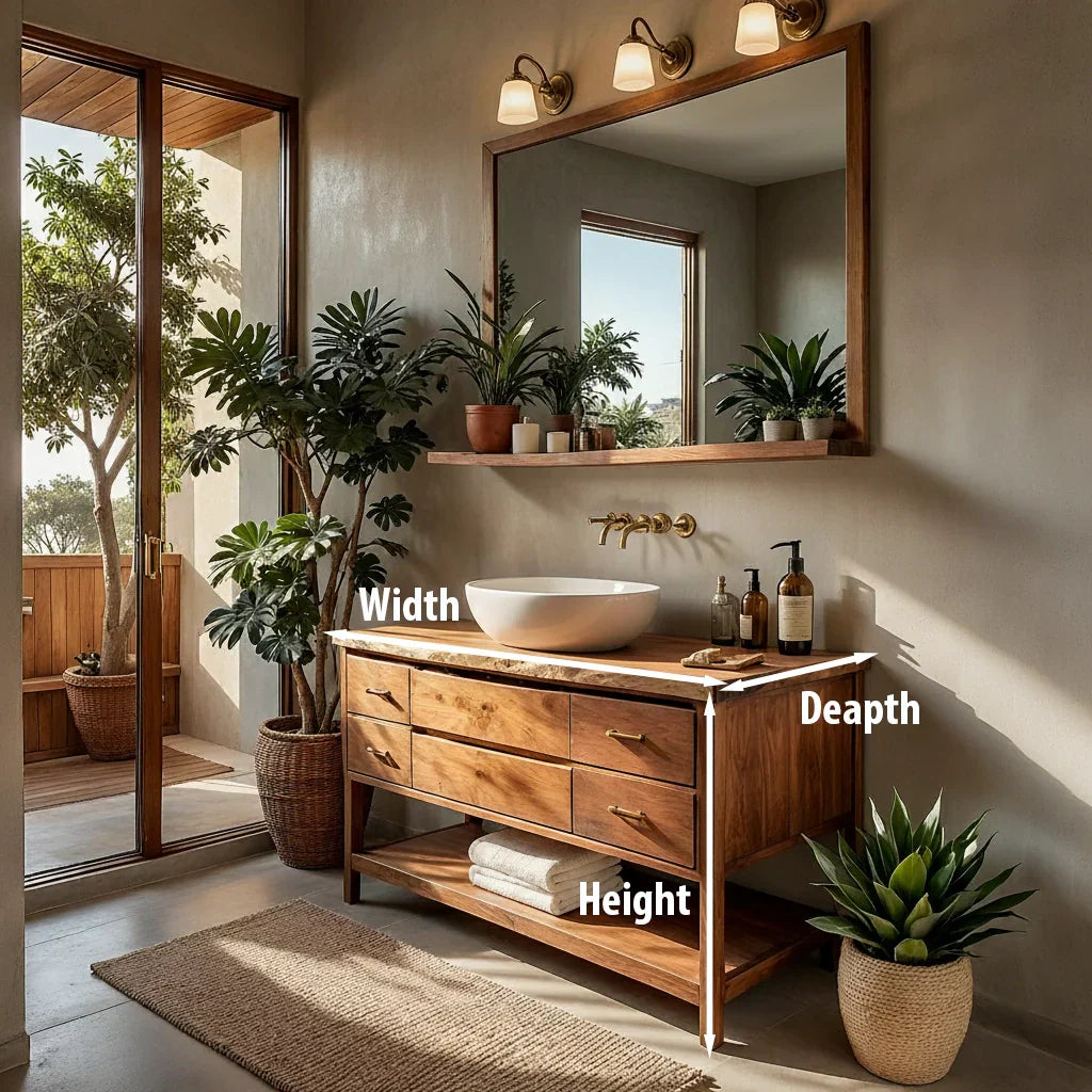 Solid Wood Bathroom Vanity with Drawers and Open Shelf for Japandi Bath