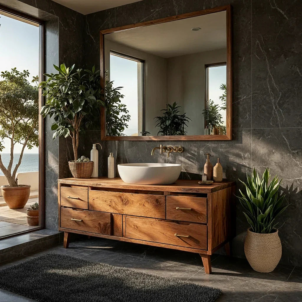 Mid-Century Solid Wood Bathroom Vanity with Asymmetric Drawers