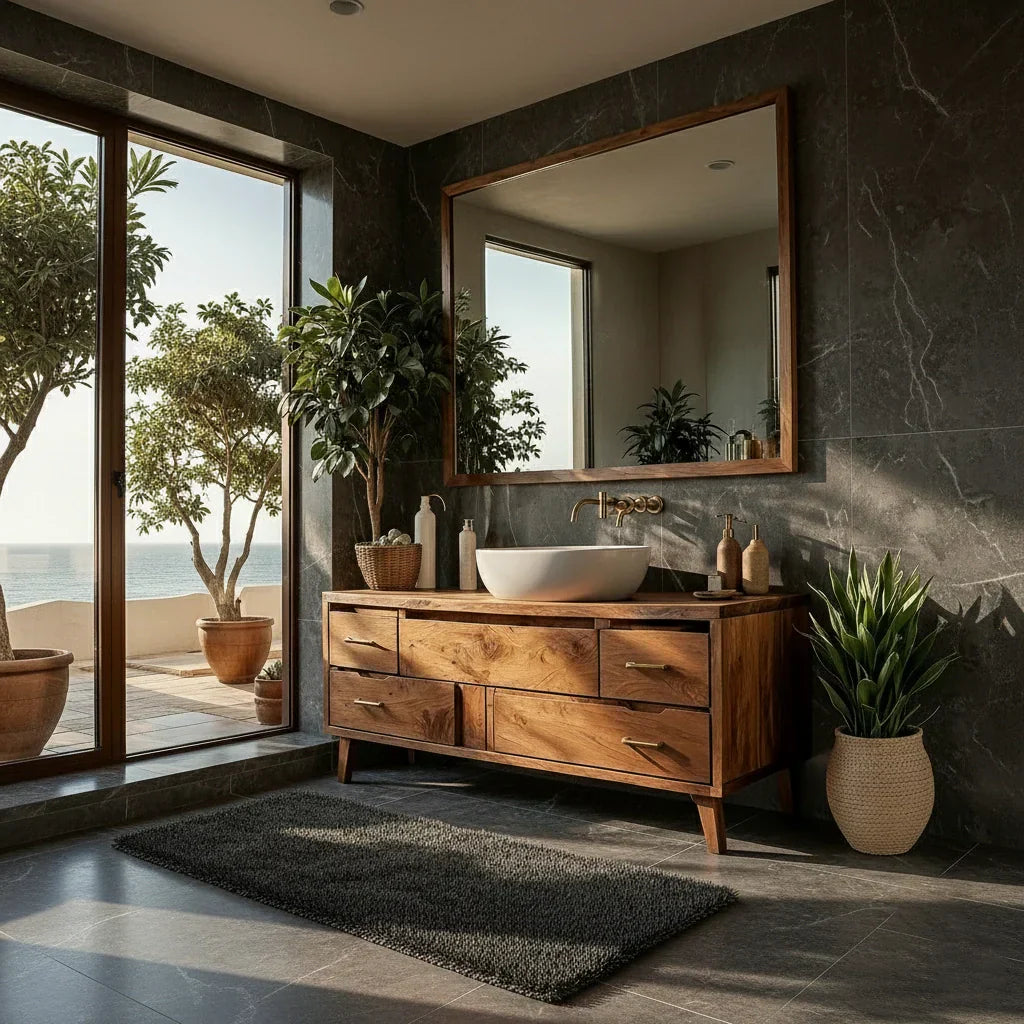 Mid-Century Solid Wood Bathroom Vanity with Asymmetric Drawers