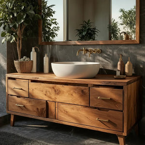 Mid-Century Solid Wood Bathroom Vanity with Asymmetric Drawers