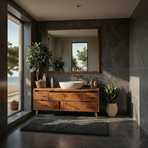 Mid-Century Solid Wood Bathroom Vanity with Asymmetric Drawers