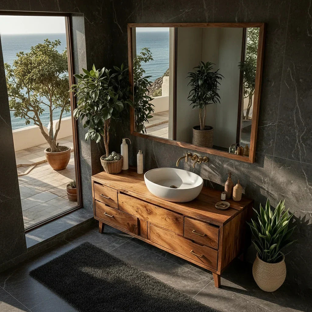 Mid-Century Solid Wood Bathroom Vanity with Asymmetric Drawers