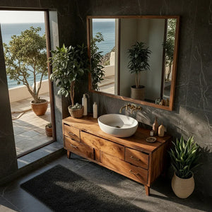 Mid-Century Solid Wood Bathroom Vanity with Asymmetric Drawers