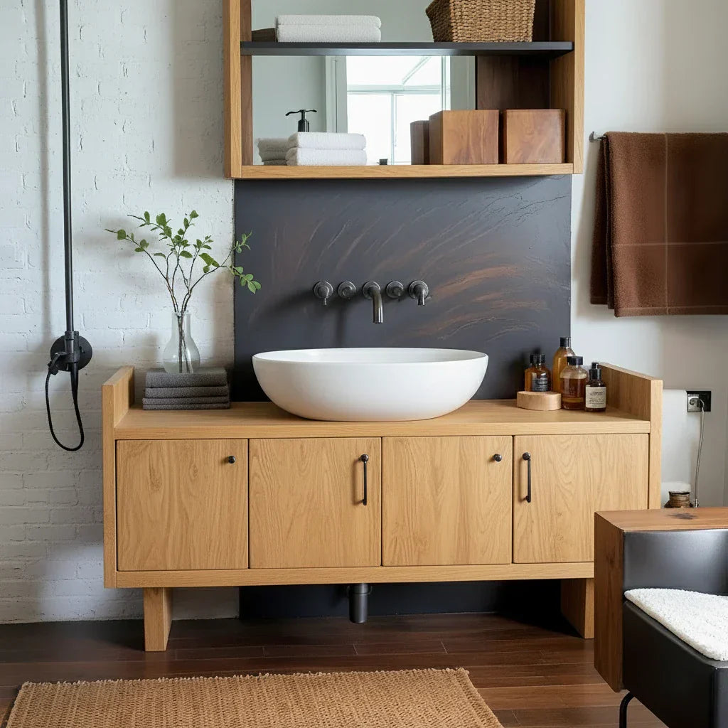 Solid Wood Vanity Cabinet with Four Doors for Industrial-Style Baths