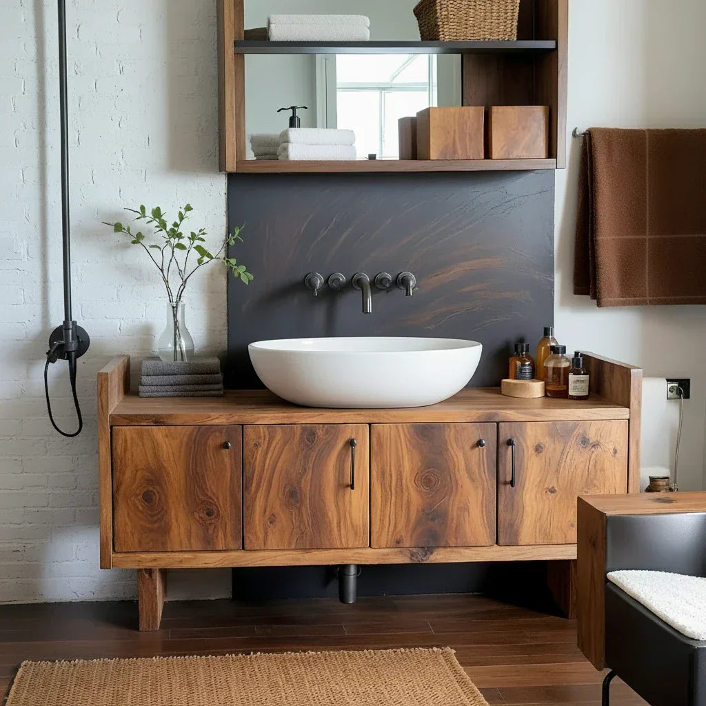 Solid Wood Vanity Cabinet with Four Doors for Industrial-Style Baths