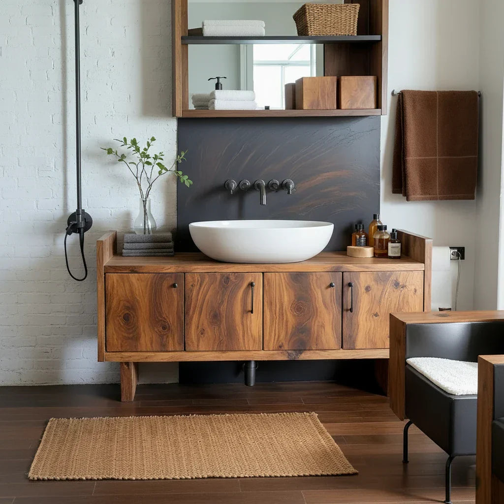 Solid Wood Vanity Cabinet with Four Doors for Industrial-Style Baths
