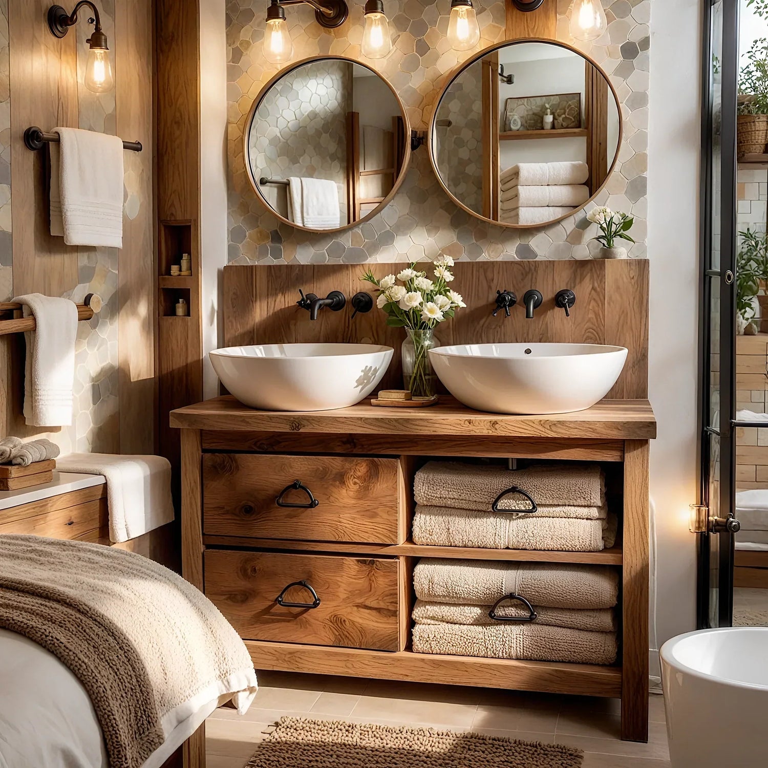 Double Solid Wood Bathroom Vanity with Drawers and Open Towel Shelf