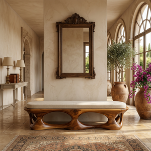 Solid Wood Sculptural Bench with Open Carved Base for Entryway