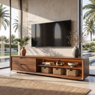 Solid Wood TV Cabinet with Rounded Frame and Display Shelves