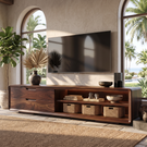 Solid Wood TV Cabinet with Rounded Frame and Display Shelves