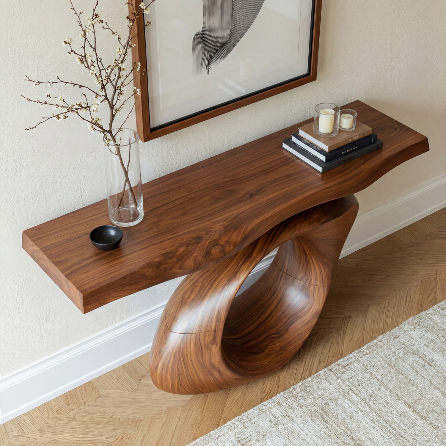Sculptural Solid Wood Console Table with Hollow Oval Base