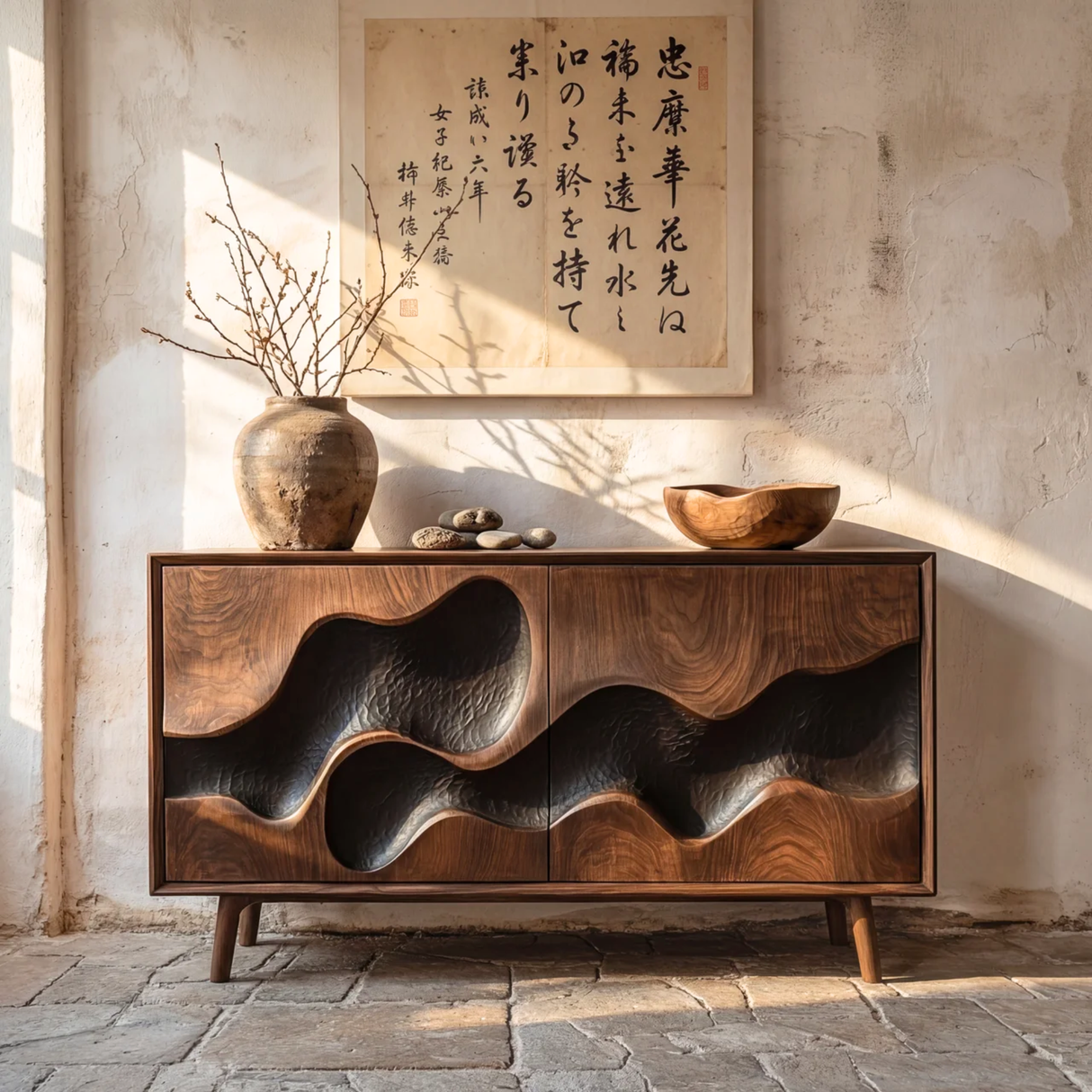 Sculpted Hollow Wave Front Wood Sideboard Cabinet for Living Room or Dining Room
