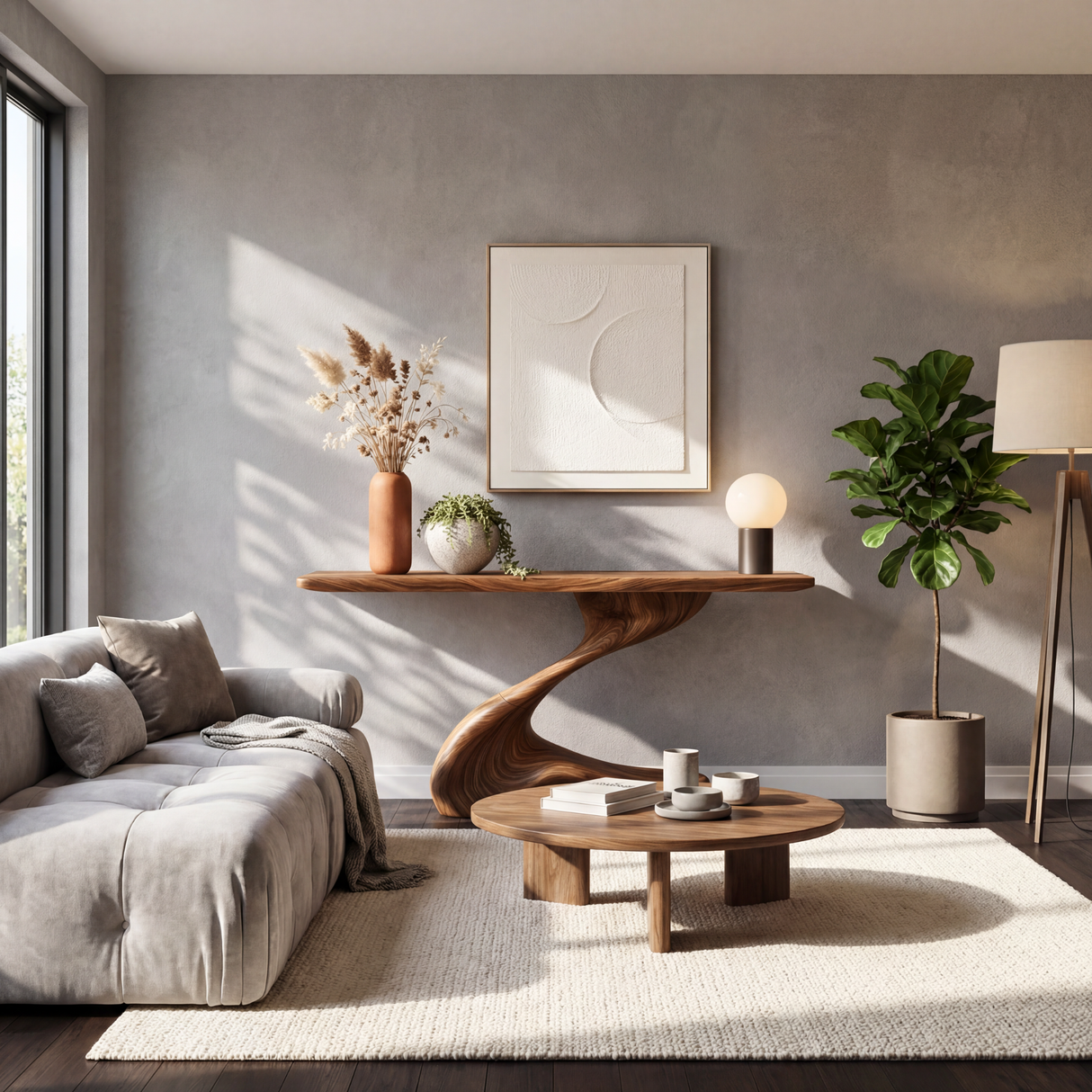 Single Sweep Sculptural Solid Wood Console Table with S Curve Organic Base