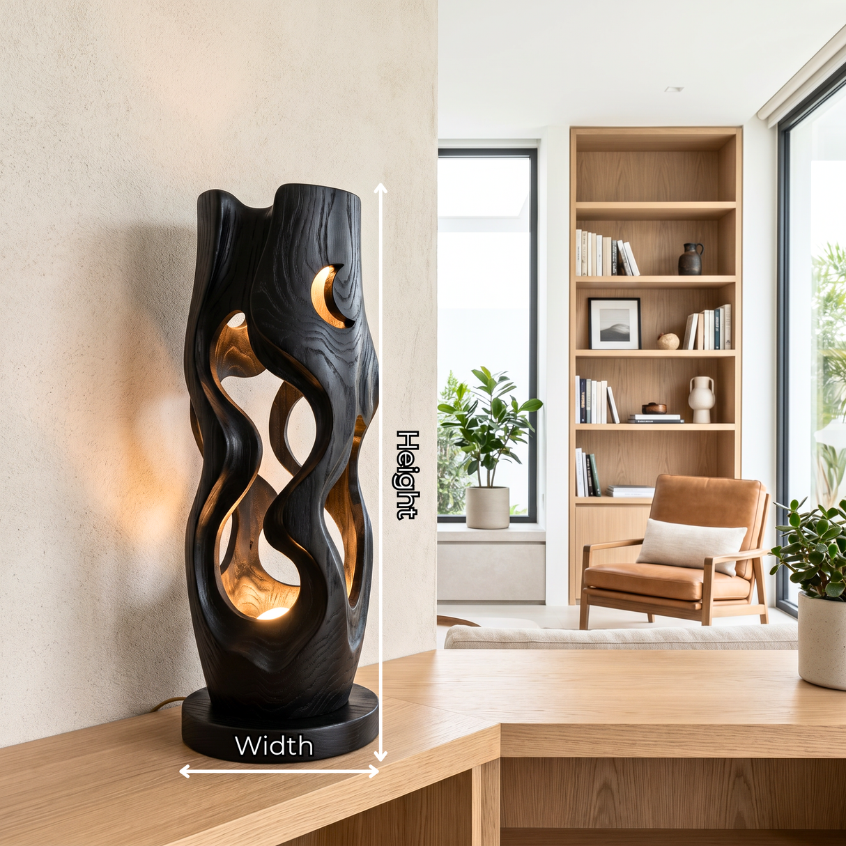 Sculptural Wood Table Lamp with Organic Cutouts
