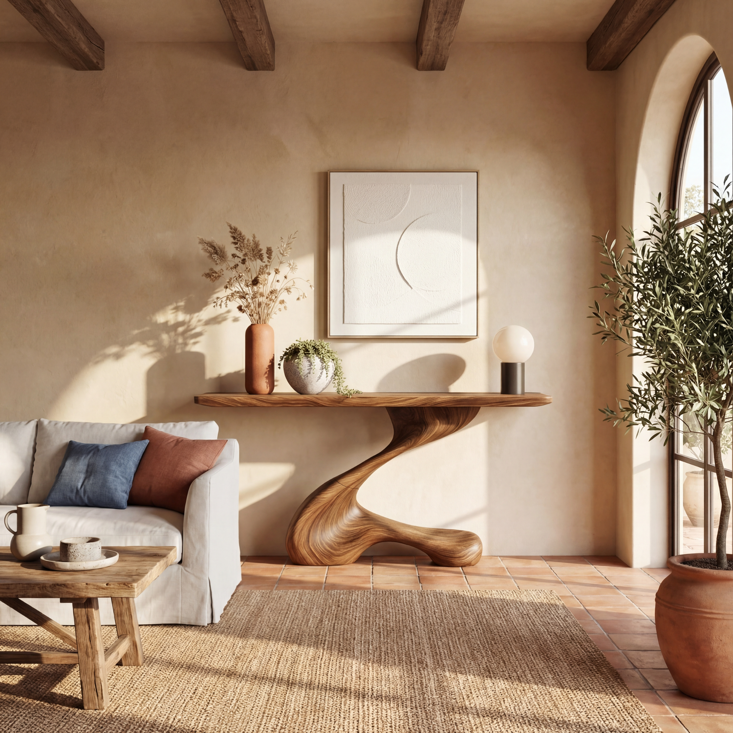 Single Sweep Sculptural Solid Wood Console Table with S Curve Organic Base